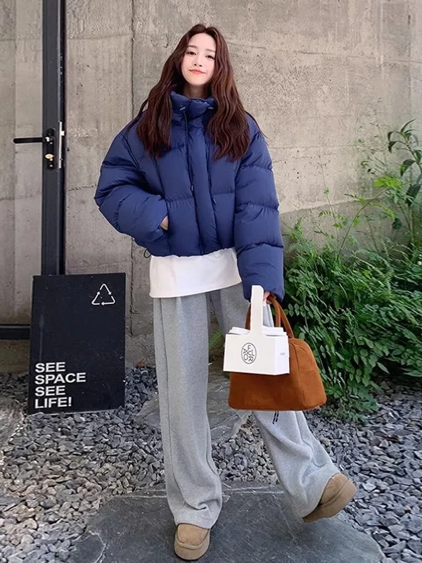 

2025 Winter Thickened Korean Style Women's Coat Hooded Bread Clothes Blue Warm Cotton Clothes Long Sleeve Zipper Closure