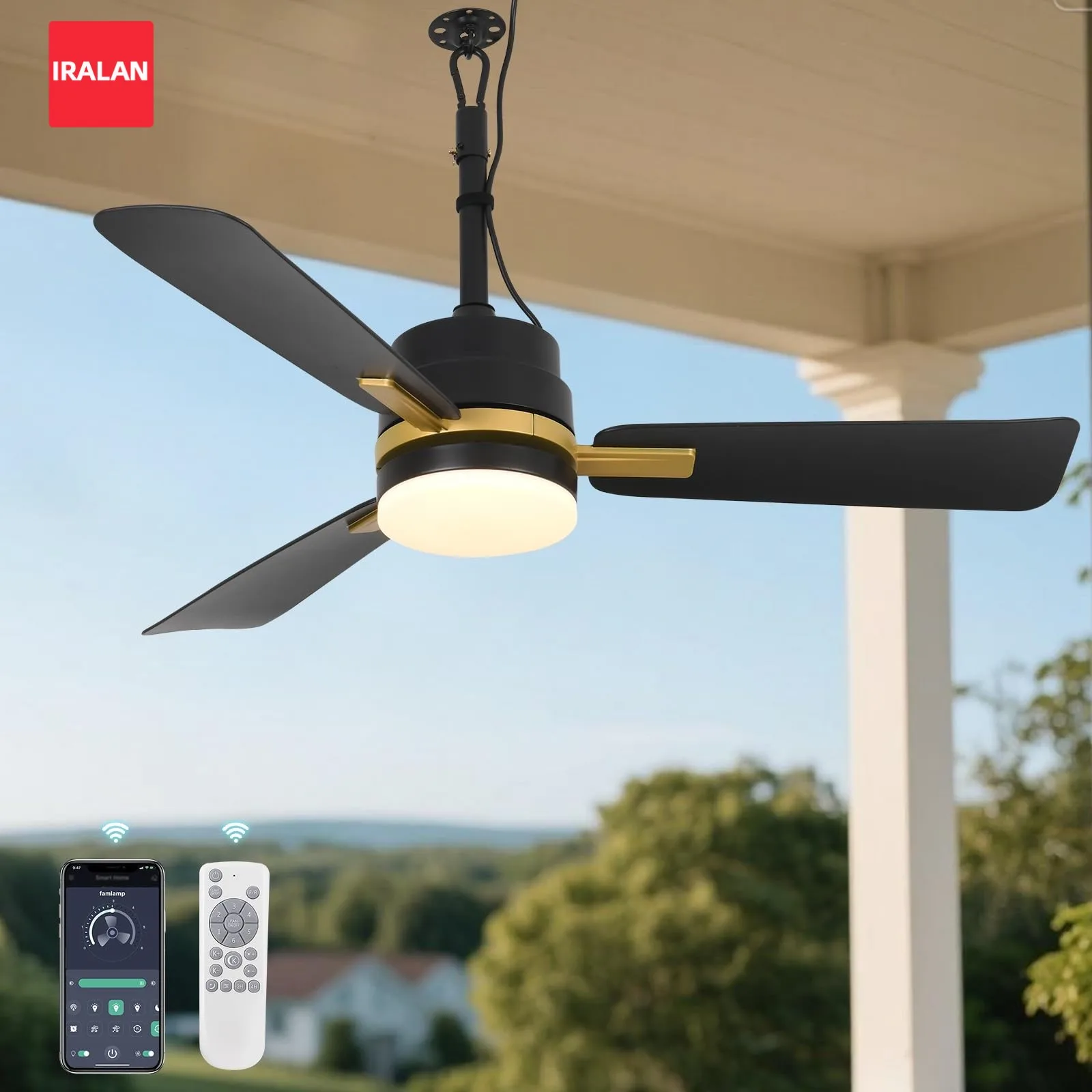 Versiegelter LED-Deckenventilator mit Lichtfernbedienung, EU/US-Standard, Schwarz/Gold, Deckenlampenventilator, 105 cm, elektrische Ventilatorleuchte
