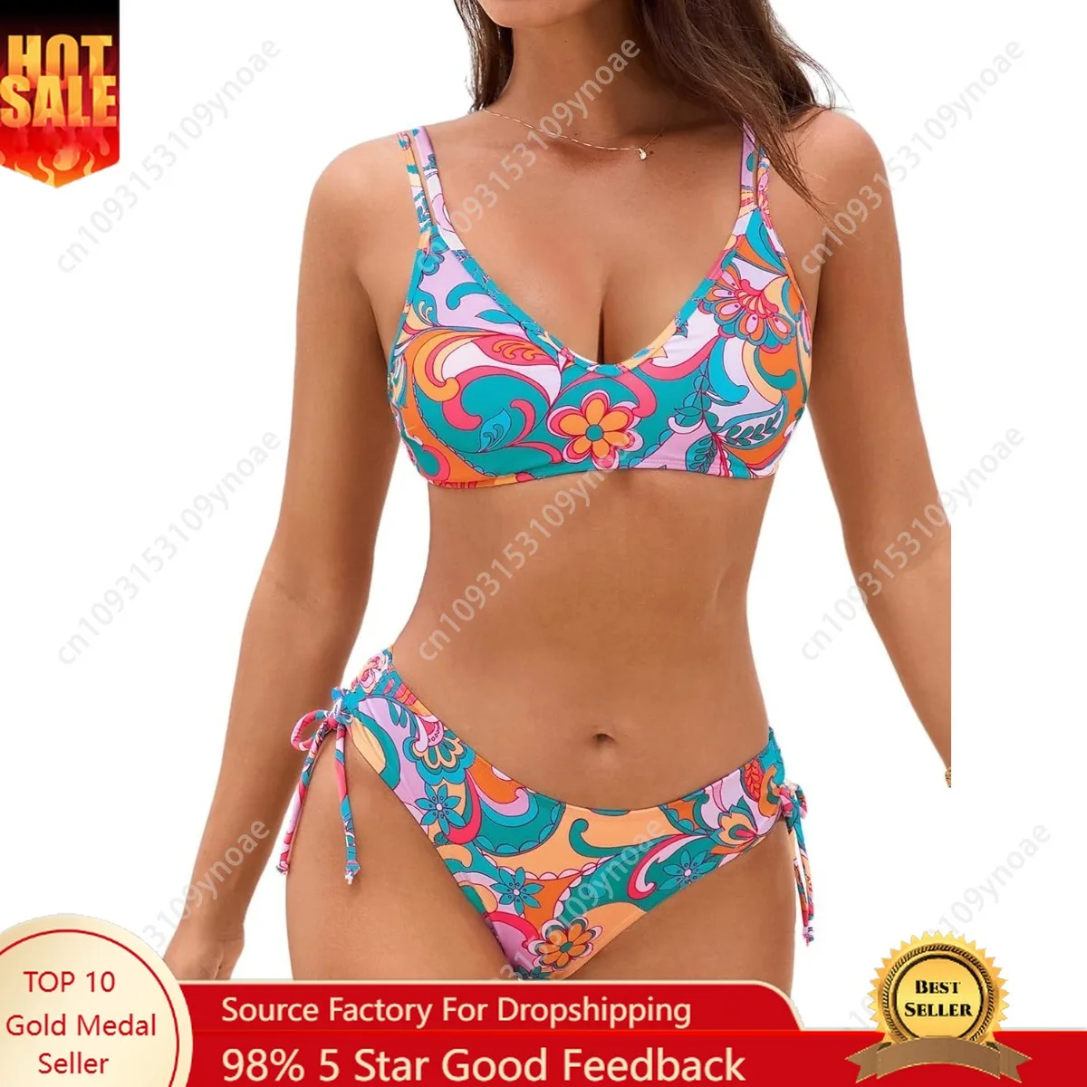 

Summer Retro Flower Swimsuit Sexy Women Bikini Set Two Piece Swimsuit Cross Back Tie Side Double Spaghetti Straps Thong