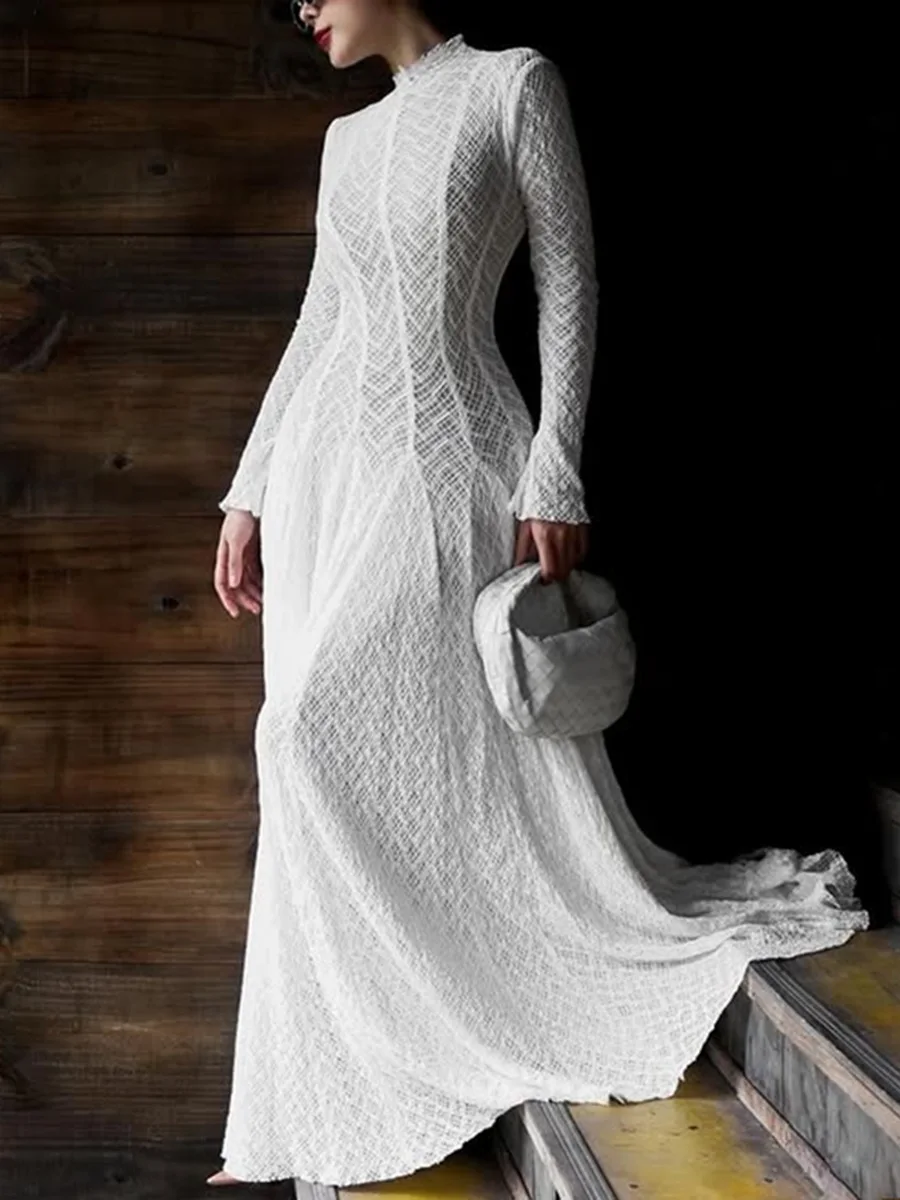 

Hollow Out Mesh Maxi Dress High Collar Slim Fit Long Sleeve Robe High Waist Pleated Party Dresses 2025 New Lady Fashion Clothing