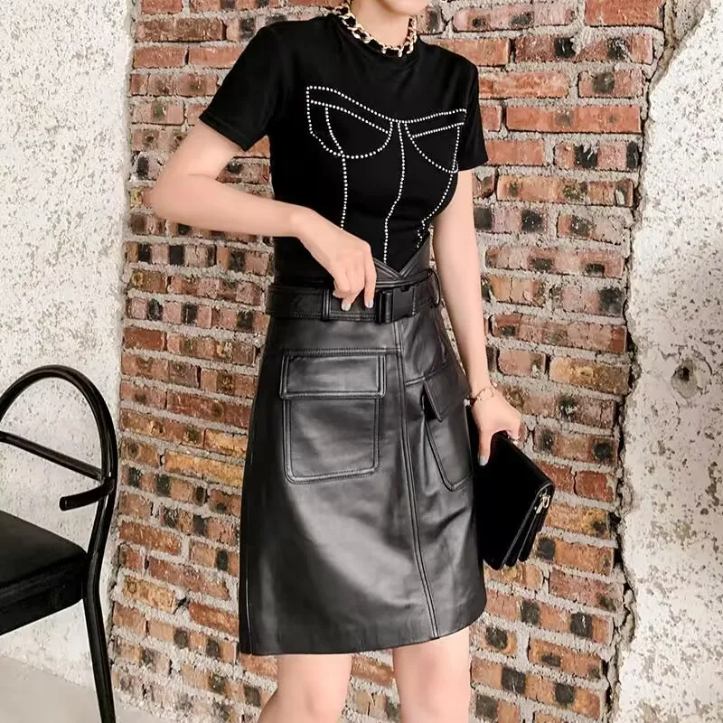 Genuine Leather Pencil Skirts Women 2023 Autumn New Korean Fashion Solid Straight Elegant Midi Skirt With Belt