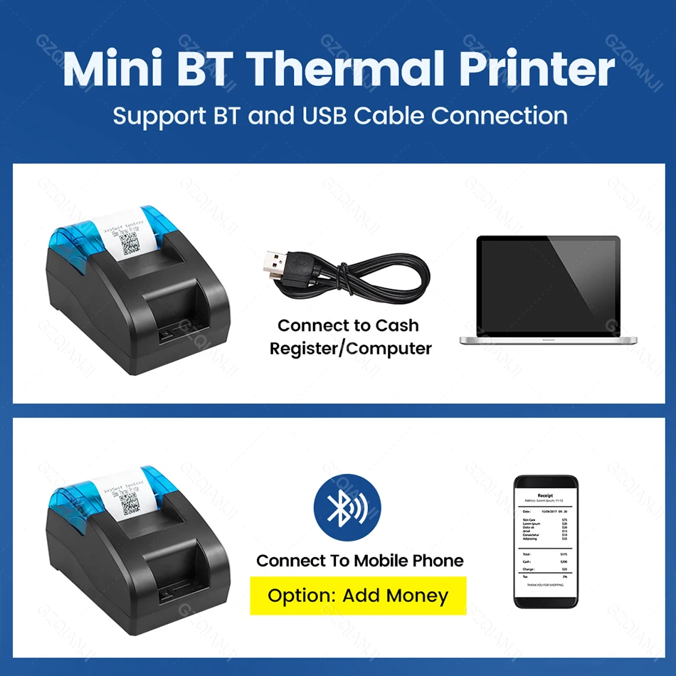 Mini Bluetooth Thermal Printer Wireless UBS Descktop 58mm Receipt Bill Printers Loyverse POS Free App SII on Android iOS Windows