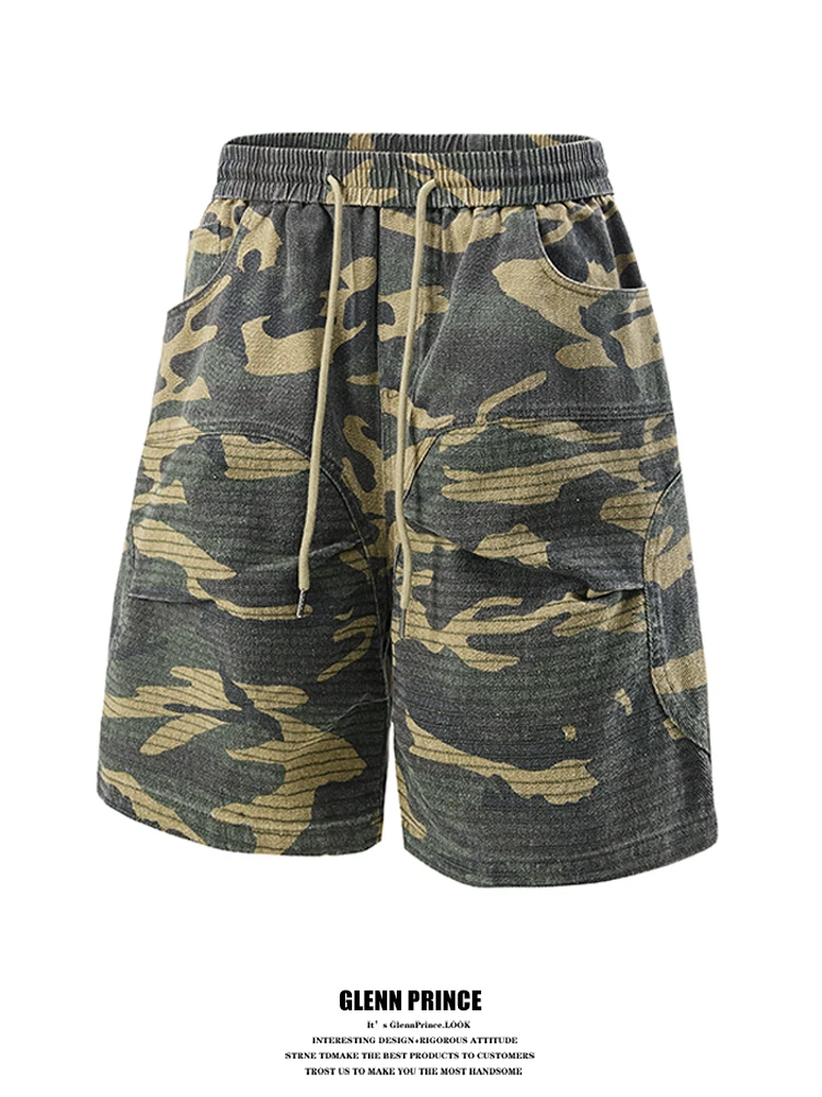 

American High Street Camouflage Embroidered Workwear Shorts Men's Retro Trendy Straight Leg Five-Quarter Pants Summer Casual ...
