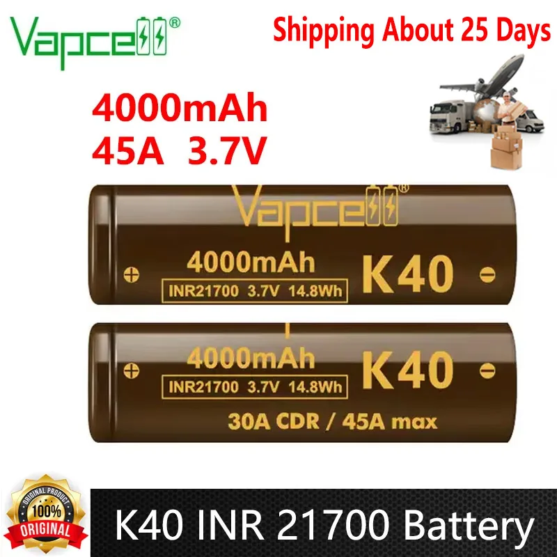 Original Vapcell K40 INR 21700 Battery 4000mAh CDR 30A Max 45A 3.7V High-power 21700 Lithium Ion Battery For Flashlight VapeMod