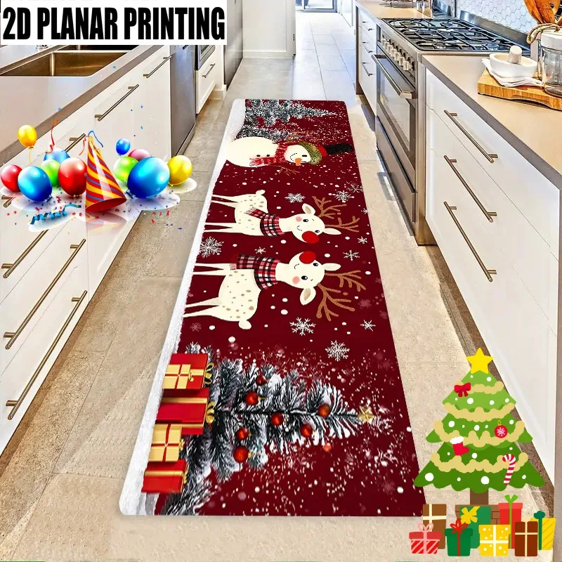 Modern Printed Christmas Runner Rug Cute Reindeer Snowman Gift Box Long Print Carpet Indoor Floor Rug for Entryway Home Decor