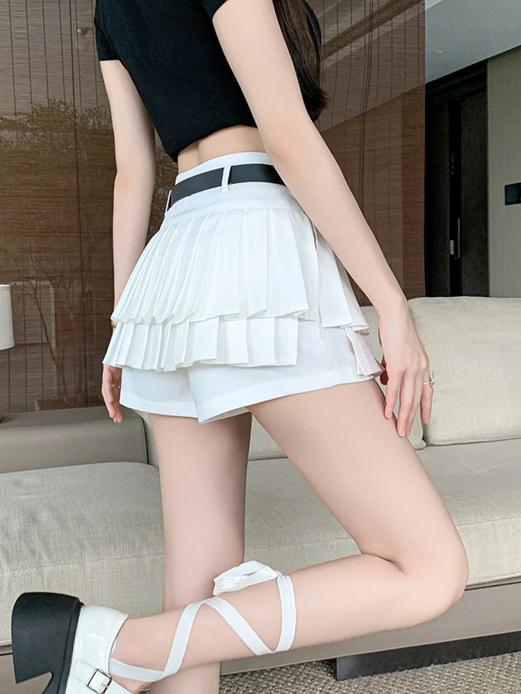 Preppy Style White Double Layer Women's Skirts Shorts With Belt 2024 Summer Y2K Sexy Sweet Mini Shorts Girls