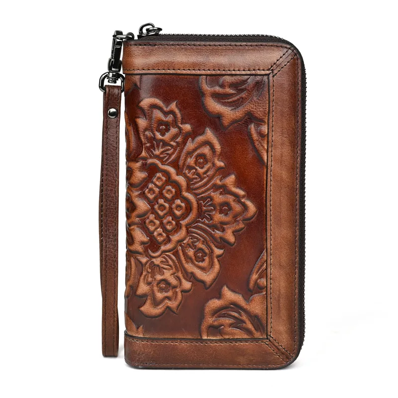 Floral Ladies Genuine Leather Purse Large Female Card Holder Wallet Woman Handmade Real  Cow Leather Clutch Bag