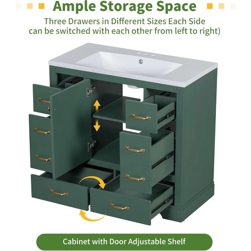 Mobile da bagno verde da 36 pollici con lavabo, sei cassetti, ripiano regolabile, porta con chiusura ammortizzata