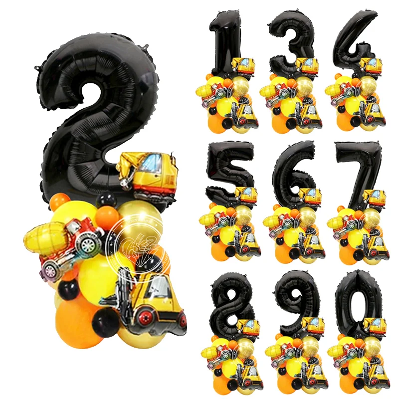 30pcs Large Black Number Balloon Set Mini Excavator Forklift Tank Car Engineering Car Theme Baby Boy Birthday Party Decoration