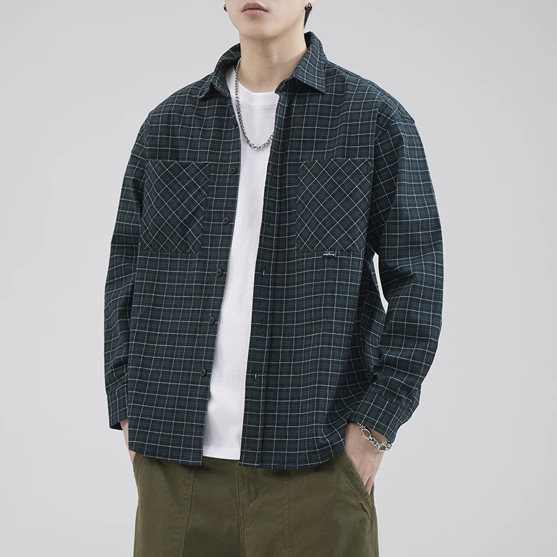 

Ретро-японская клетчатая хлопковая рубашка с длинным рукавом, мужская свободная рубашка для пар, модная верхняя одежда на весну и осень, зимняя мужская рубашка