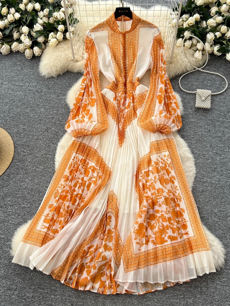Vrouwen Vintage Geplooide Avondfeest Jurk Lente Herfst Hoge Taille Gedrukt Lange Jurken Dames Slanke A-lijn Chiffon Lange Gewaad