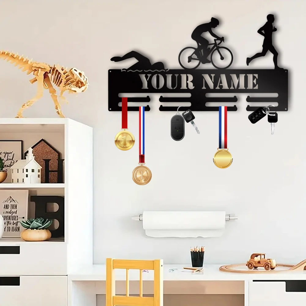 1pc Triathlon medal hooks Hanging key creative Customized Name Metal Wall Signs Iron Wall Plaque For Wall Decor