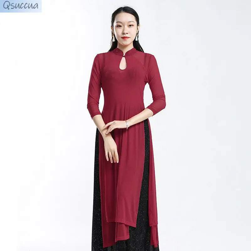 

Classical Dance Long Cheongsam Tops Practice Clothes High-Neck Gauze Dance Clothes Yoga Body Rhyme Buckle Performance Clothes