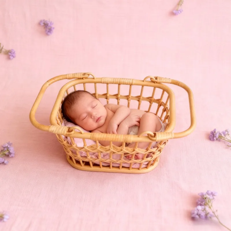 1pc Handmade Rattan Newborn Photography Basket Studio Retro Shooting Props Practical Furniture Baby Photo Growth Souvenir Gift
