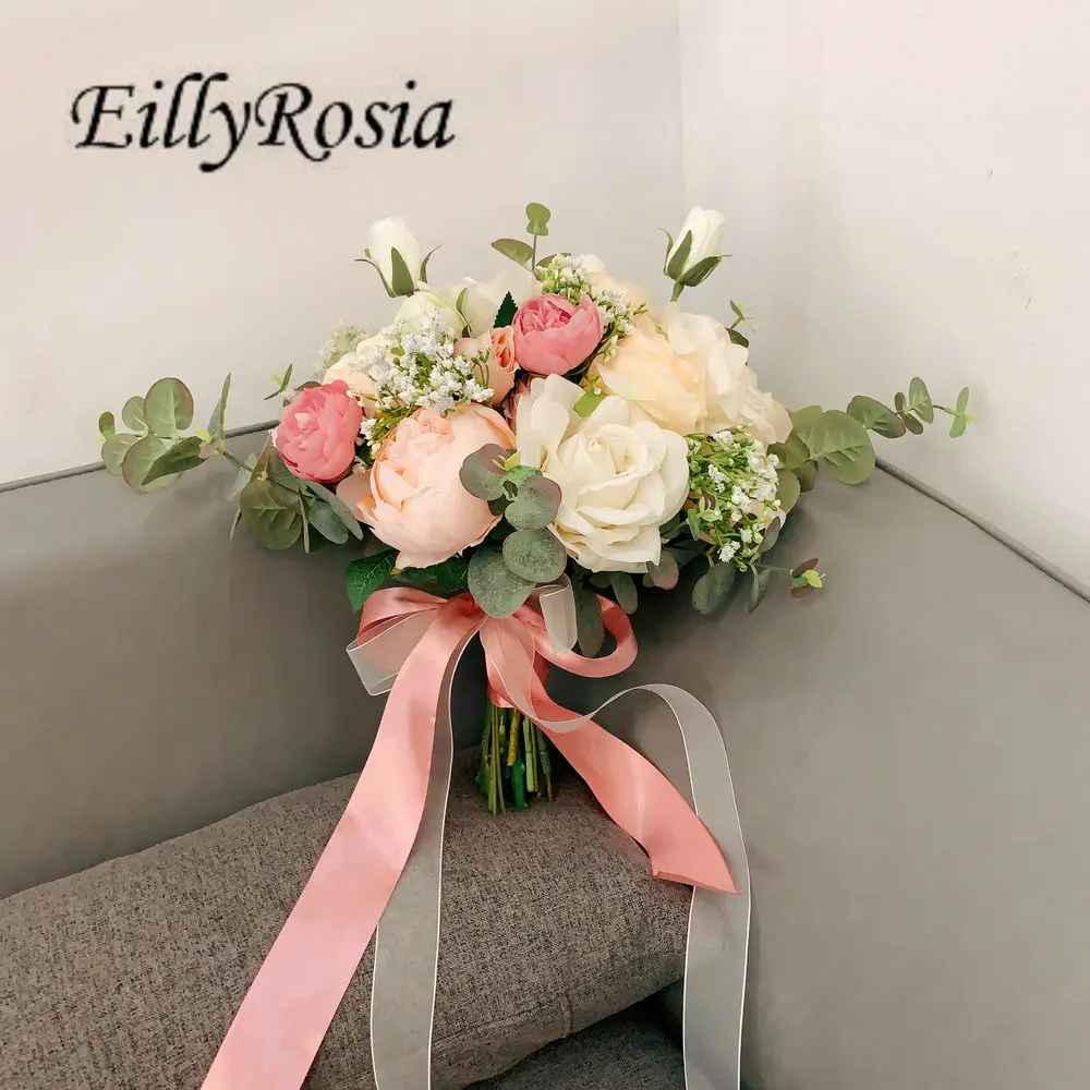 EillyRosia New Pink Cream Wedding Bouquet para dama de honra Flor Greennery Natural Bonito País Fotografia Casamento Outdoor