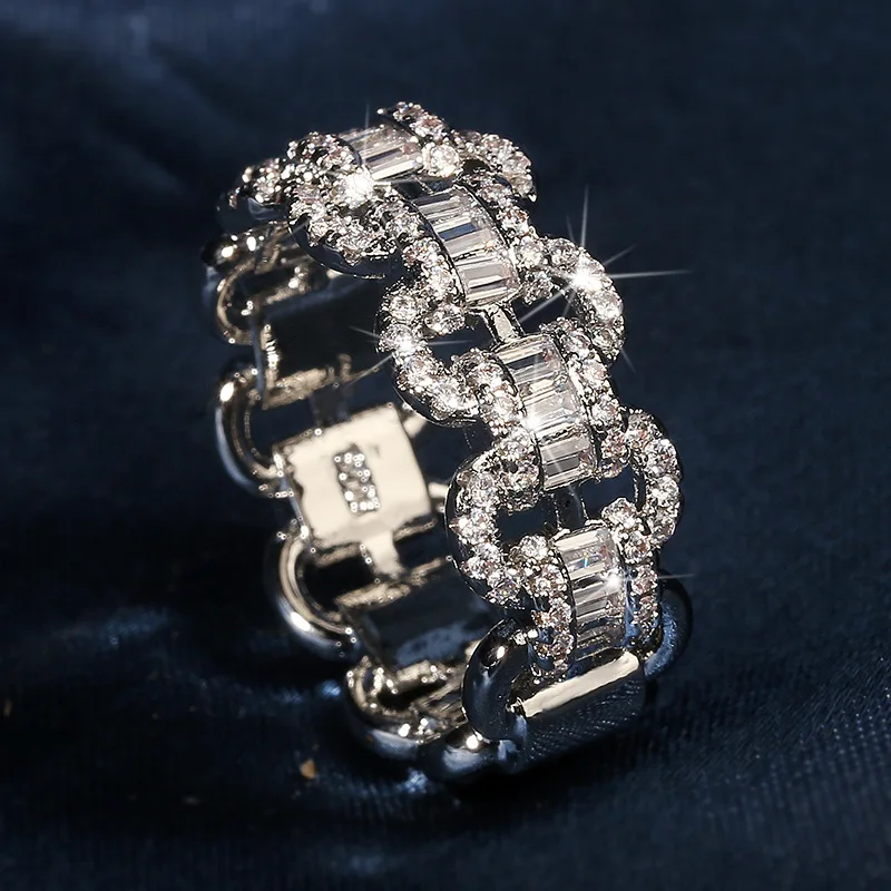 Moda luksusowe duże rzędy Bling Bling pierścionki z cyrkonią damski łańcuszek pierścionki hip-hopowe biżuteria unisex prezenty