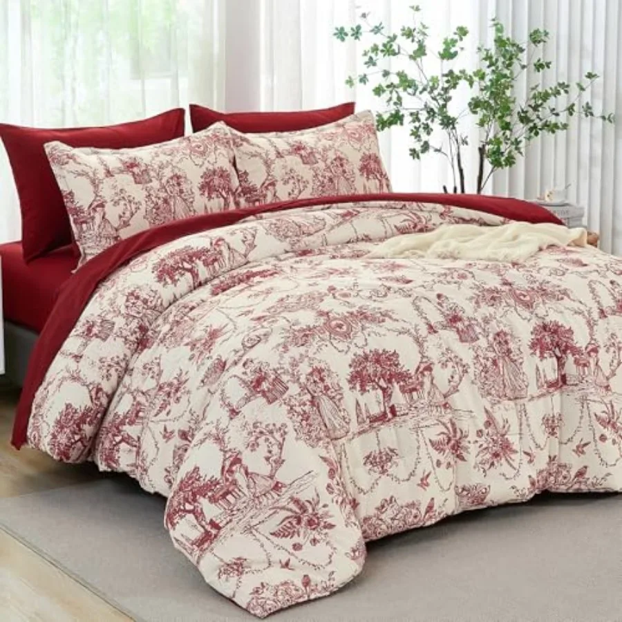 

Comforter Set Queen 7 Pcs Bed in a Bag Toile de Jouy Botanical Comforter with Sheet Set Soft Micorfiber Bedding Set 1 Comforter