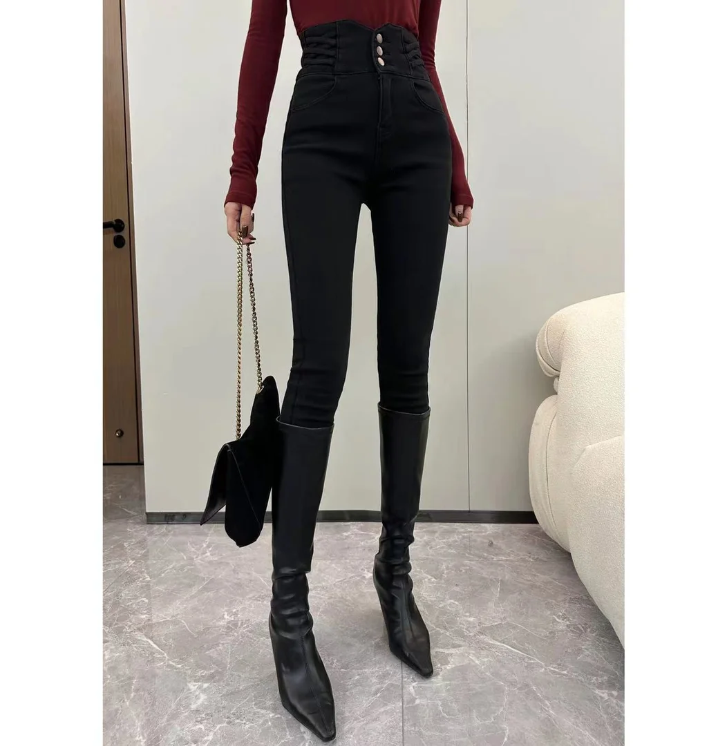 

Джинсы узкого кроя Ele с высокой талией и подкладкой, черные универсальные модные женские эластичные джинсы премиум-класса из девяти частей