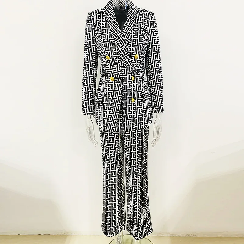 Women Fashion Pant Suit 2023 Autumn Winter Black Monogram Printed Shawl Collar Double Breasted Belted Blazer And Trouser 2 Piece