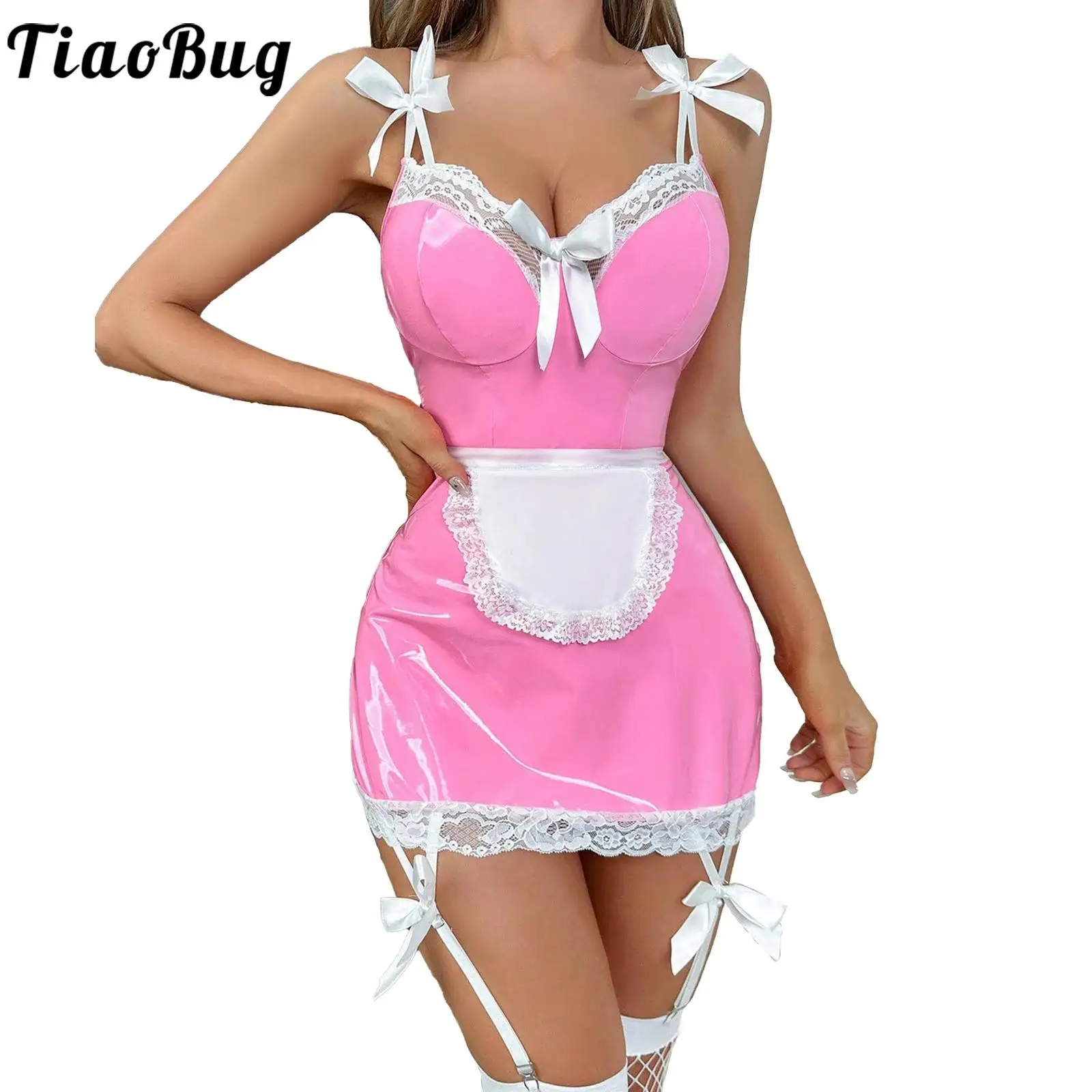 

Womens PU Leather Bodycon Maid Dress Bowknot Lace Trims Sheer Mesh Spliced Backless Dress Apron Y-strap Garters Naughty Uniform