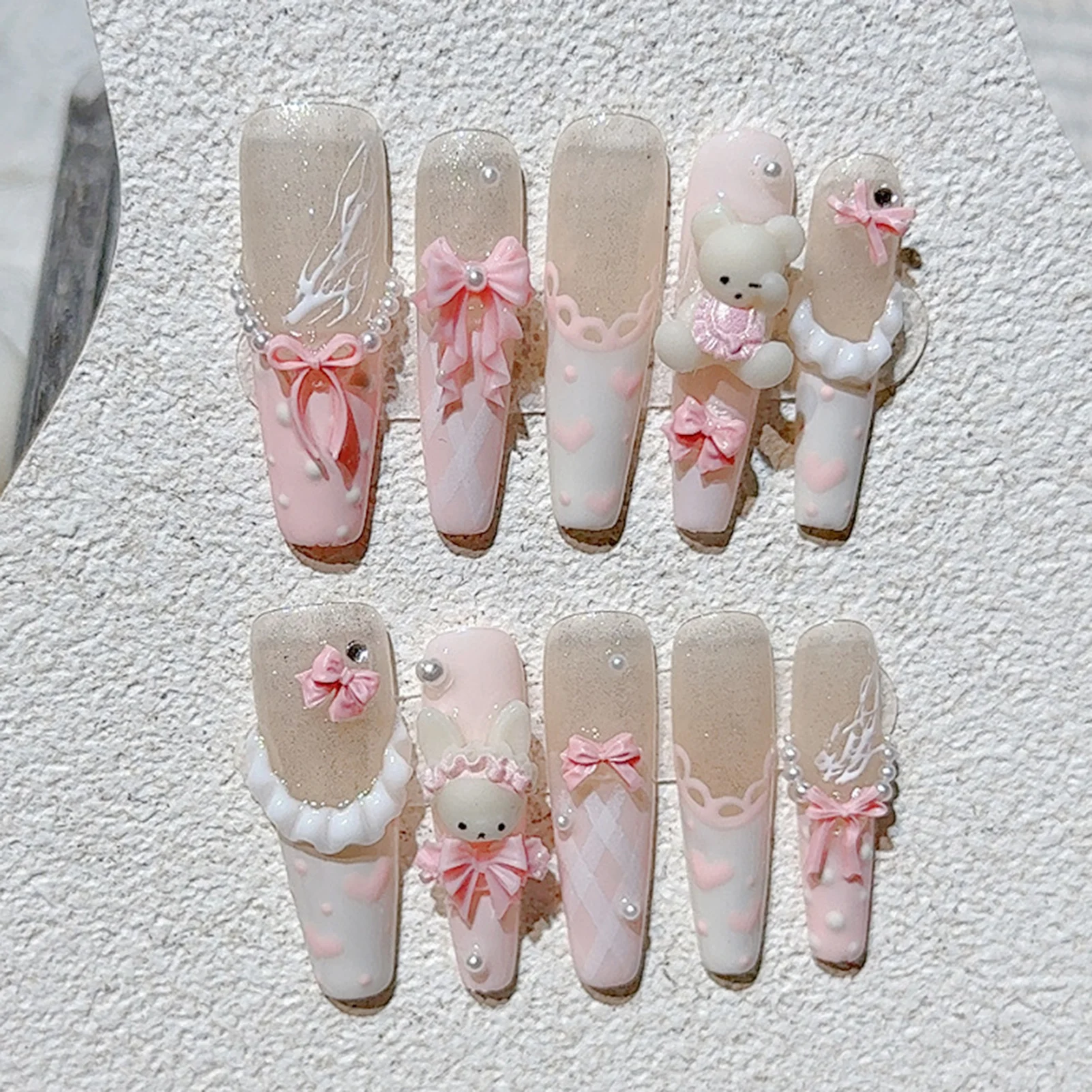 10Pcs Cute Pink Sugar Bear Fake Nails with Bowknot Decals Long T Shaped Handmade False Nails for Women Girls Party Wearing