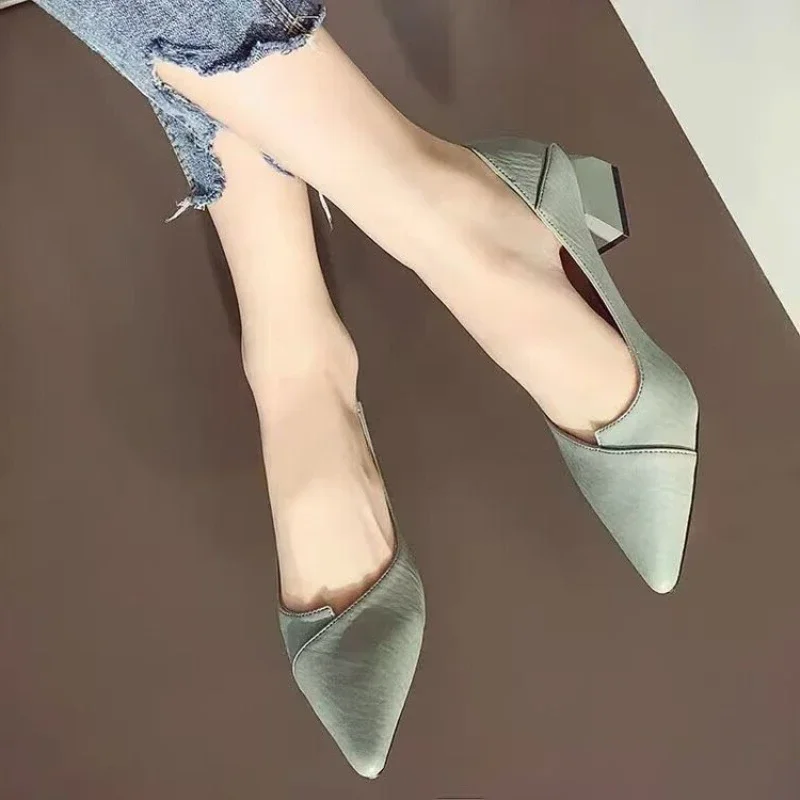 2024 New Pointed Mid Heel Women\'s Shoes Shallow Mouth Single Shoes Women\'s Fashion High Heel Women\'s Shoes