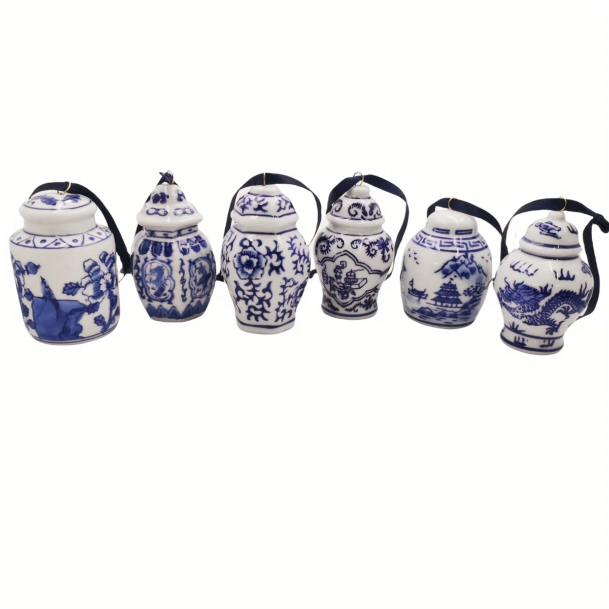 Mini tarro de jengibre de porcelana azul y blanca Vintage, adornos para árbol de Navidad, 6 piezas, BW