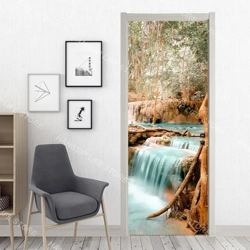 3D Forest Stream Waterfall Door Sticker Nature Green Tree Path Scenery Removable Self Adhesive Wallpaper Home Decor