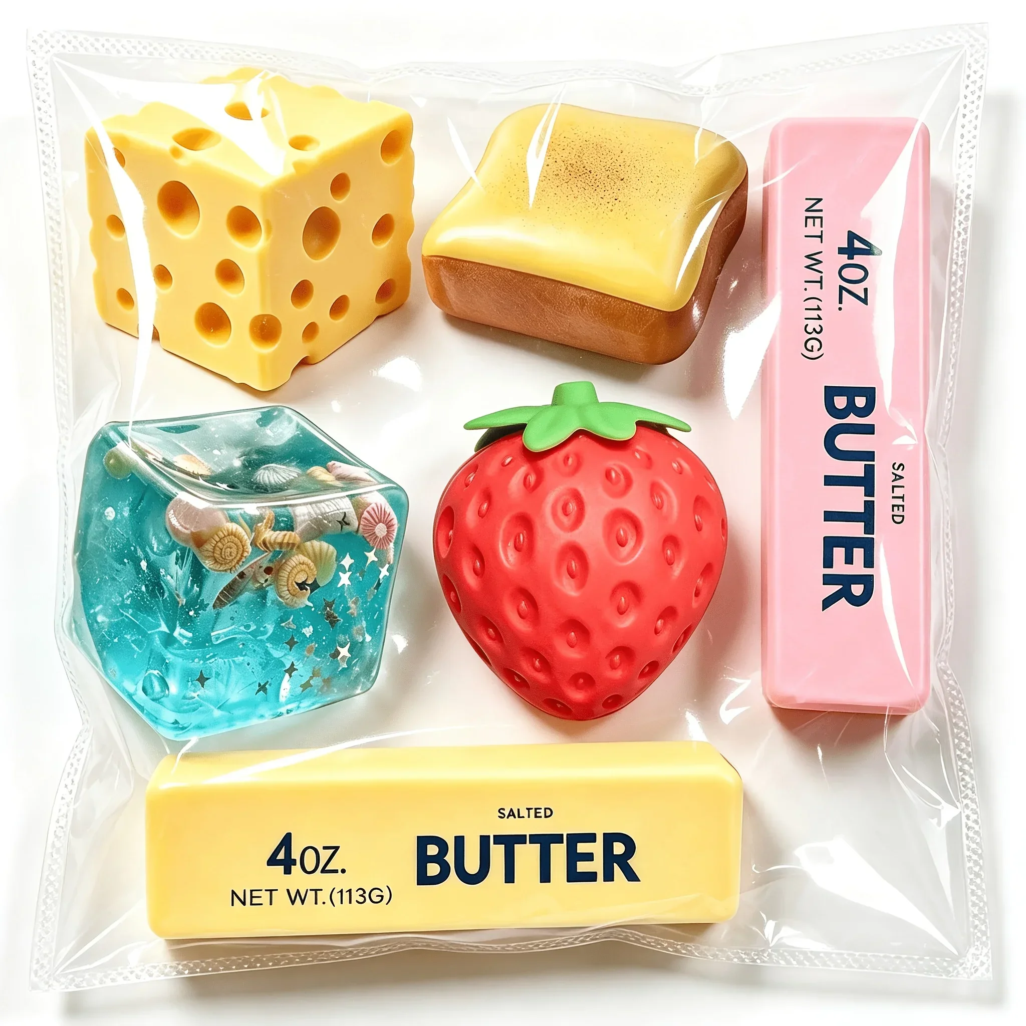 4Pcs Mixed Food Squishy Toy Set Soft Squeeze Fidget Butter Cheese Strawberry Stress Relief Party Filler Gift for Kids Adults