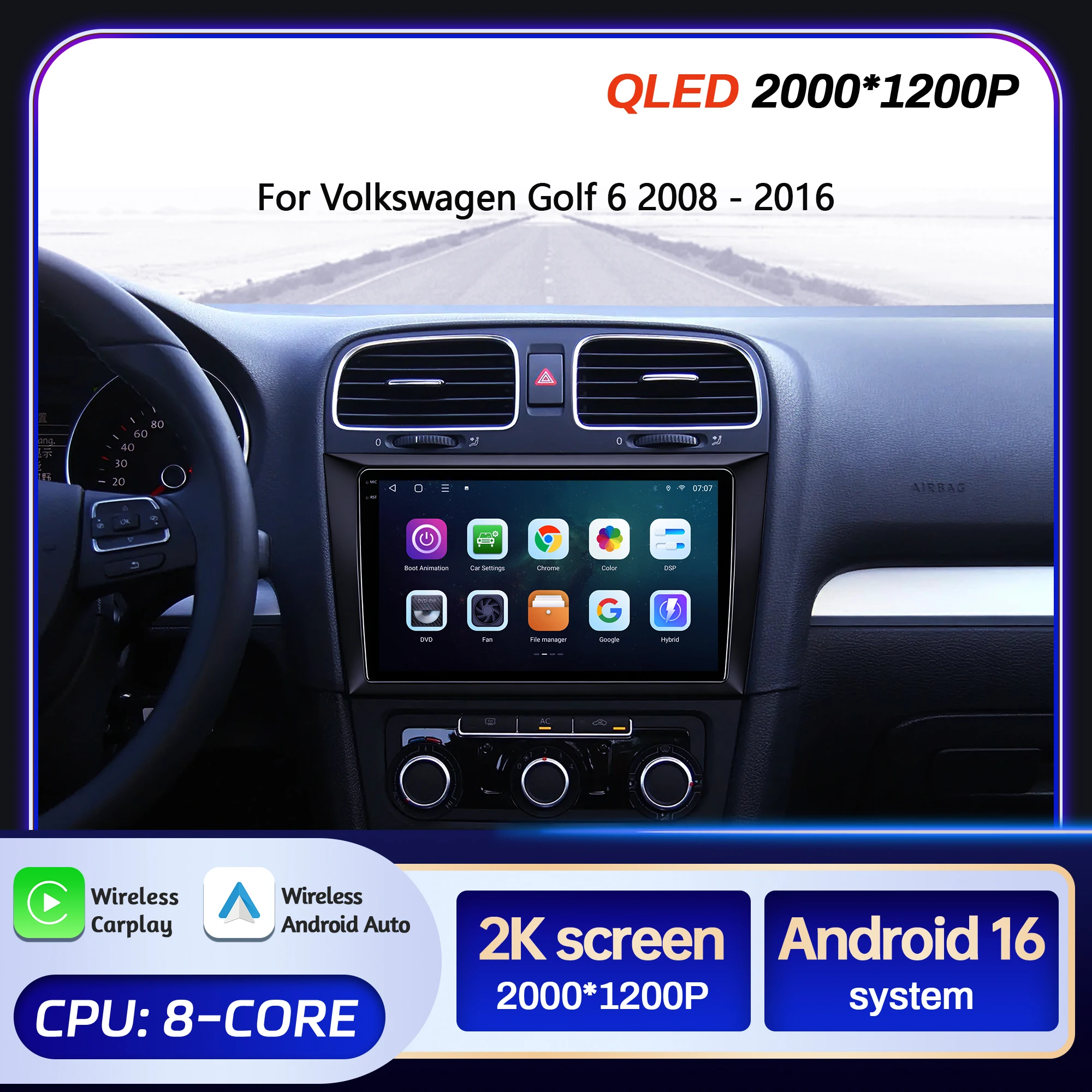

9 inch Car Radio Android 16 For Volkswagen Golf 6 2008-2016 BT Carplay Multimedia Navigation 2K QLED Screen