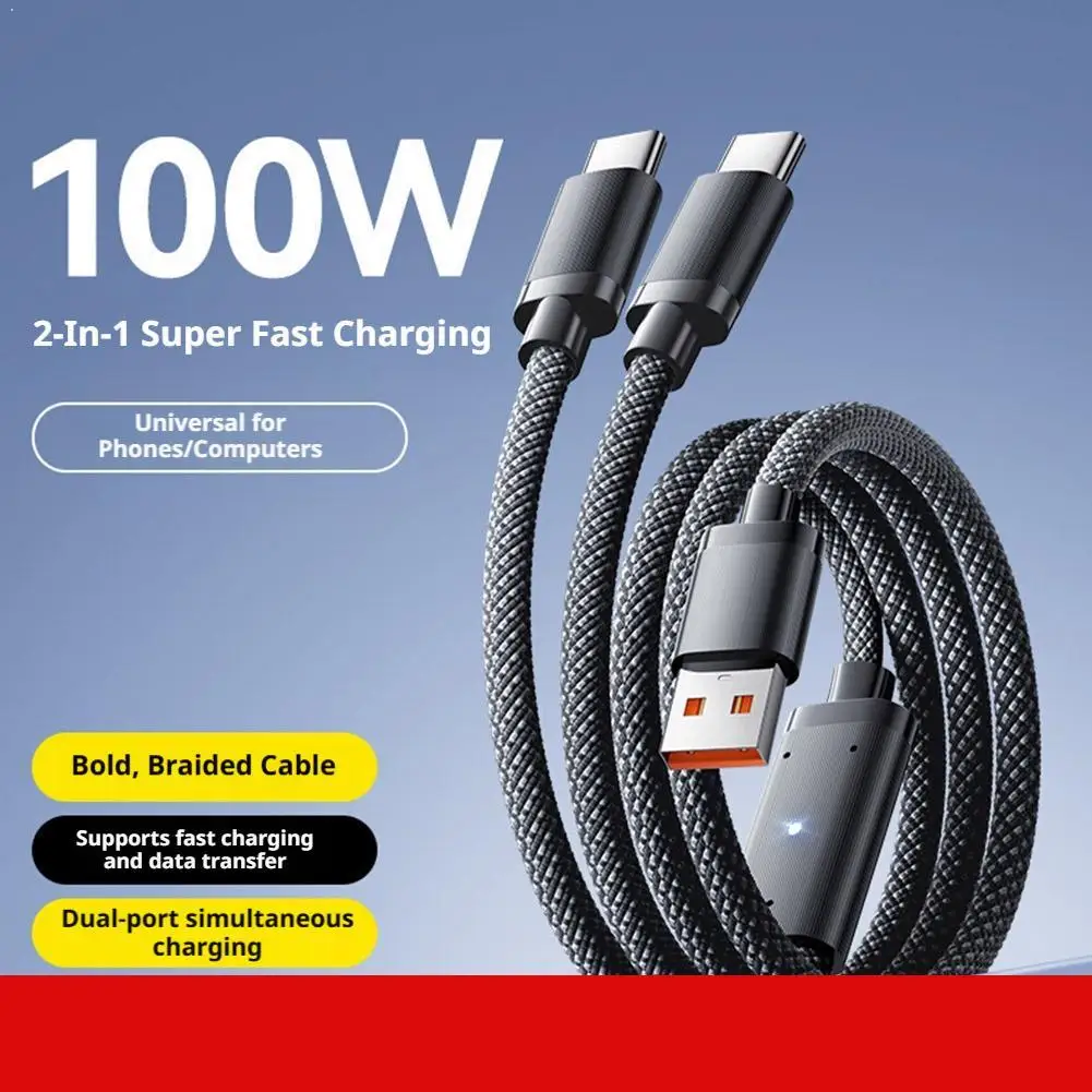 2-in-1 Dual-Port Type-C 100W Fast Charging Cable - USB To 2 USB-C For IPhone 15/16/17 Pro Max,  