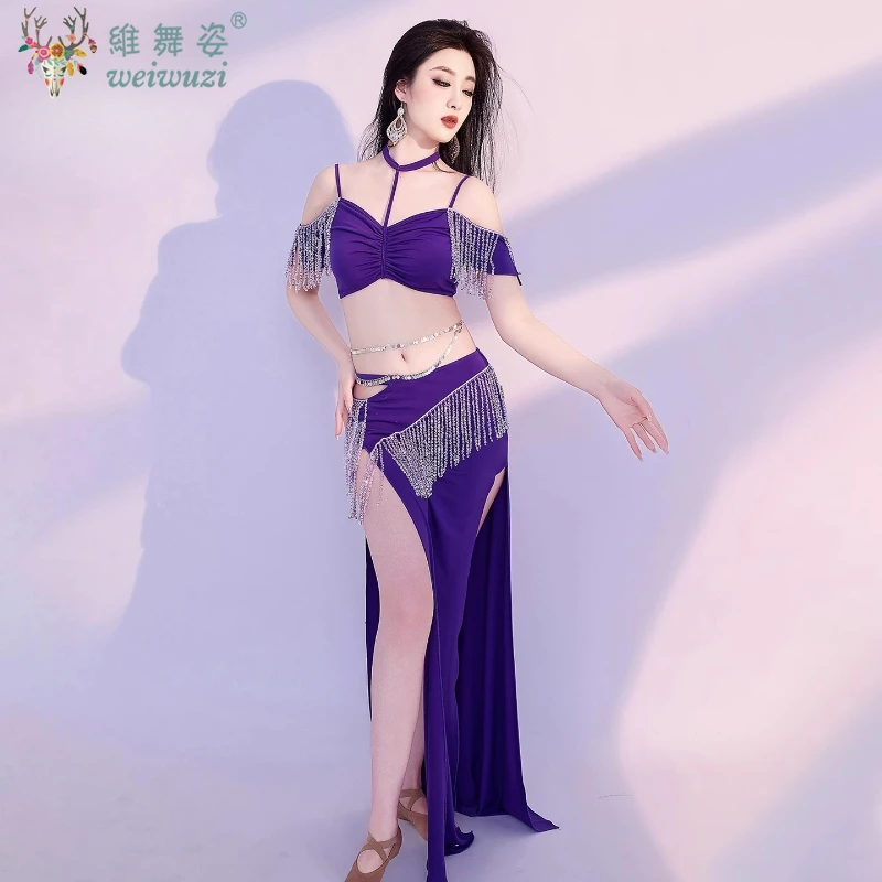 Conjunto de dança do ventre com borla, saia longa cravejada de diamantes, roupa de performance de dança oriental, roupa de competição feminina