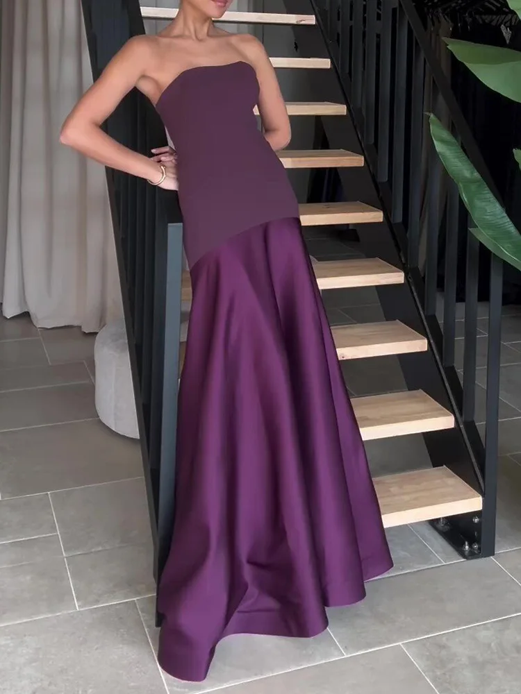 Strapless Patchwork Fashion Loungewear Dress, Women Summer Backless Slim Elegant Party Dress, New Sleeveless Simple Ladies Dress