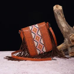 Piccola borsa a tracolla da donna in pelle di vacchetta vegana con nappa Wrangler borsa con frange occidentali per borsa a tracolla da donna Tooled Aztec