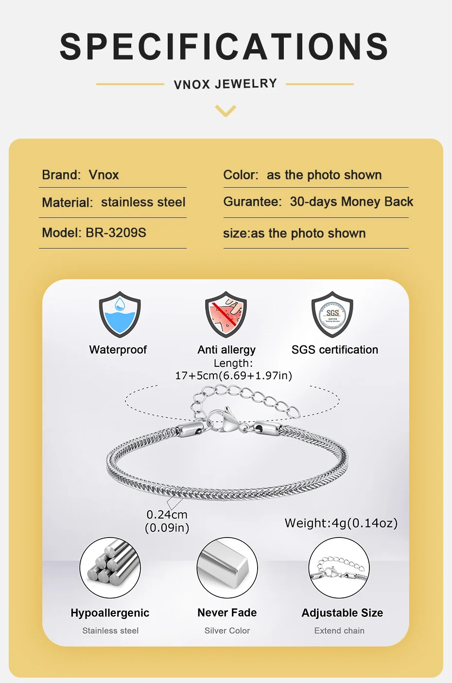 Vnox 2,4 mm breites Gliederkettenarmband aus Edelstahl, verstellbares Armband, minimalistischer Schmuck, Geschenk für Damen und Herren, für den täglichen Gebrauch – Detail 4