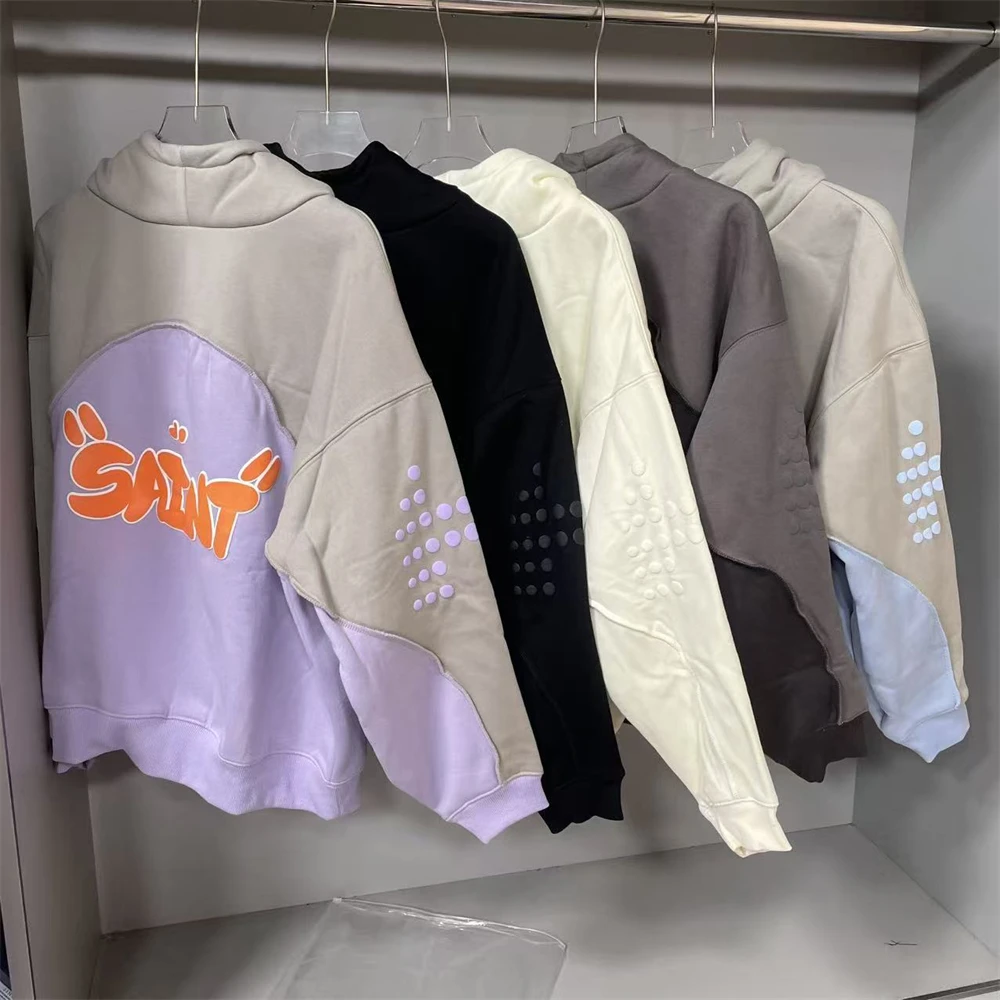 

Polar Fleece Foam Letter Logo Saint Patchwork Hoodie Hooded Men Women Couple Unisex Pullovers