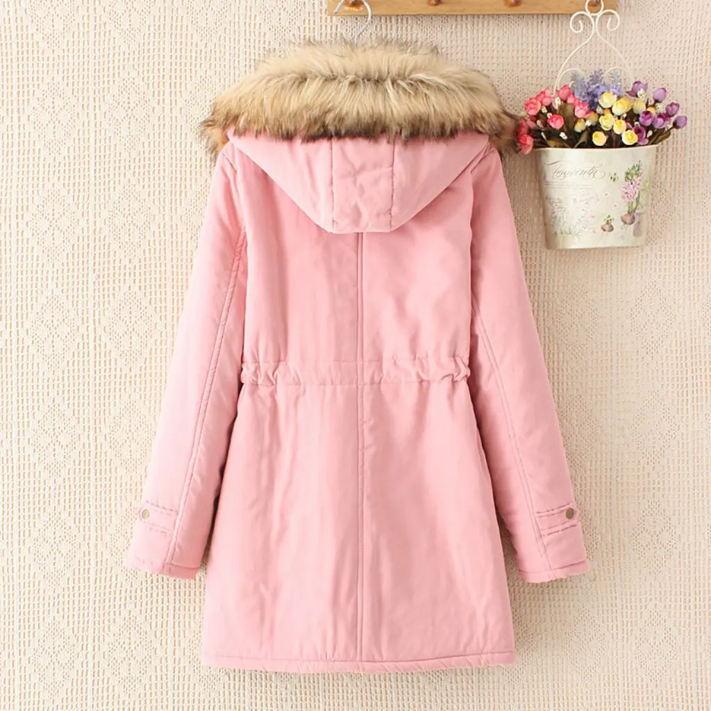 

Women's Mid-Length Hooded Cotton Coat Slim-fit Drawstring Design Big Wool Collar Autumn Winter Fashion European American Style