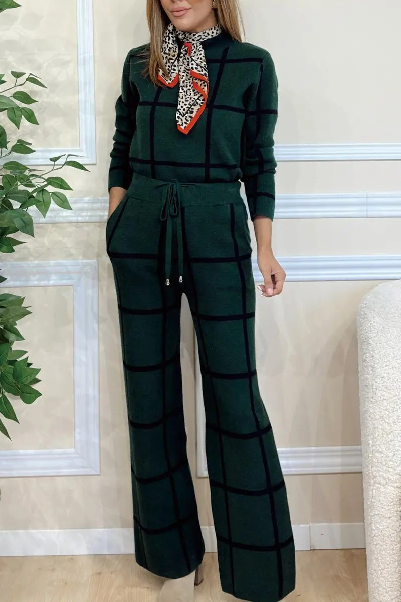 2024 Autumn/Winter New Women\'s Fashion: Solid Color High Neck Long Sleeve Plaid Print Long Pants Set