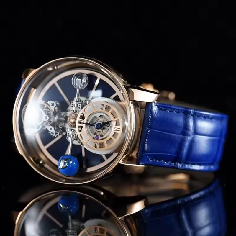 PINDU Design Orologio da polso da uomo Design cavo trasparente Roulette celeste Orologi al quarzo Scatola per orologi da uomo in pelle resistente all'acqua