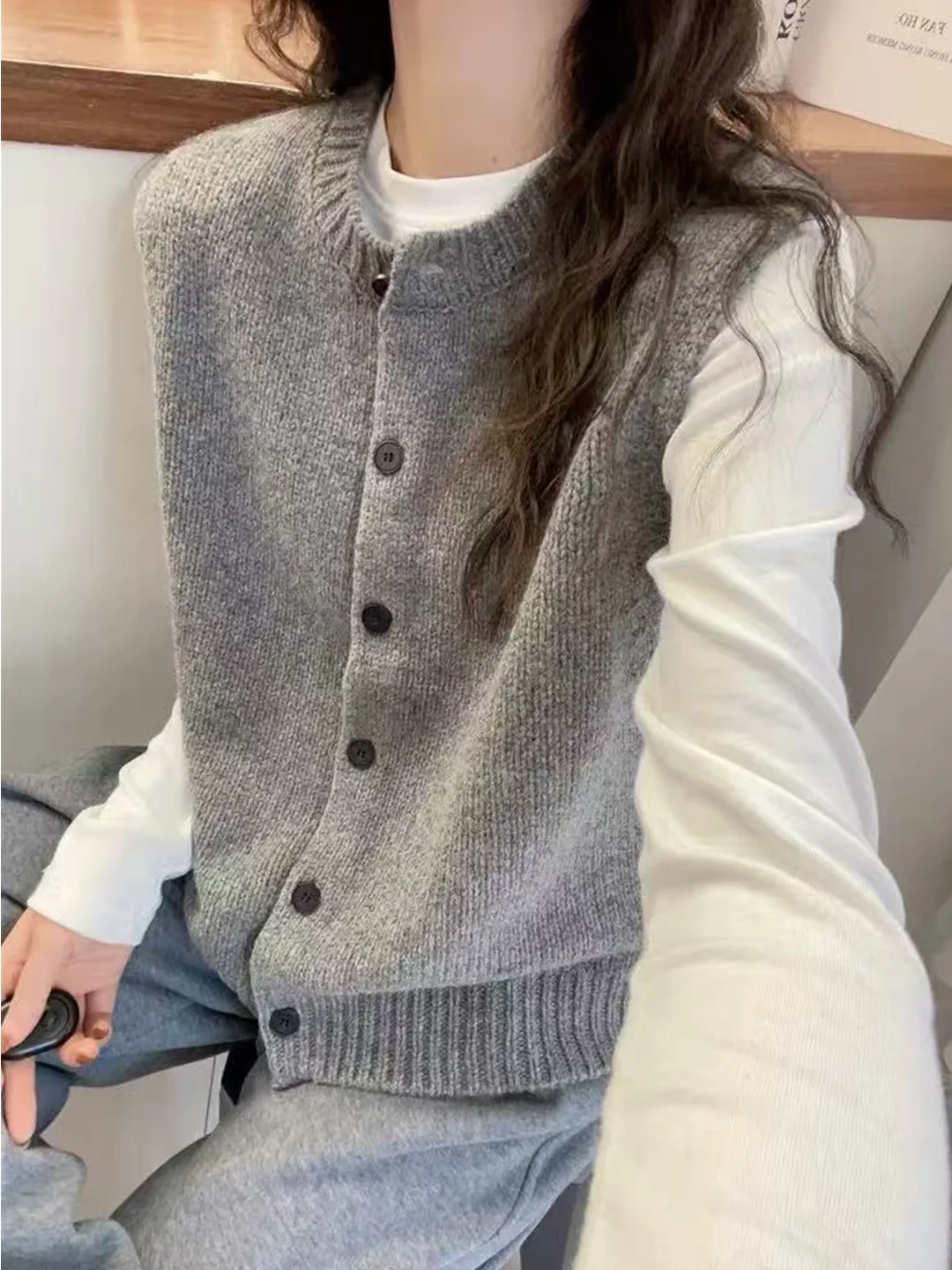 Einfache reine Farbe Camere gestrickte Weste Strickjacke Damen Herbst Winter Schichtung rund Ne Svel Wolloberteil