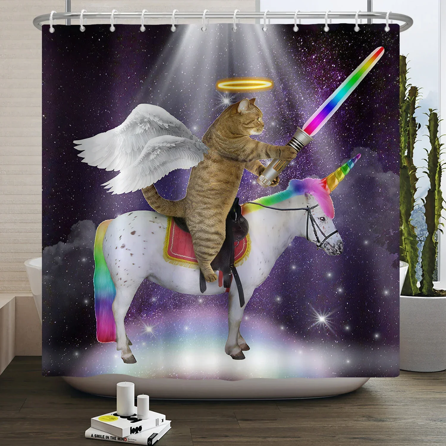Funny Ninja Cat With Golden Gun Riding Laser Unicorn Rainbow Pixel Print Shower Curtain Waterproof Anti Mildew Polyester Fabric