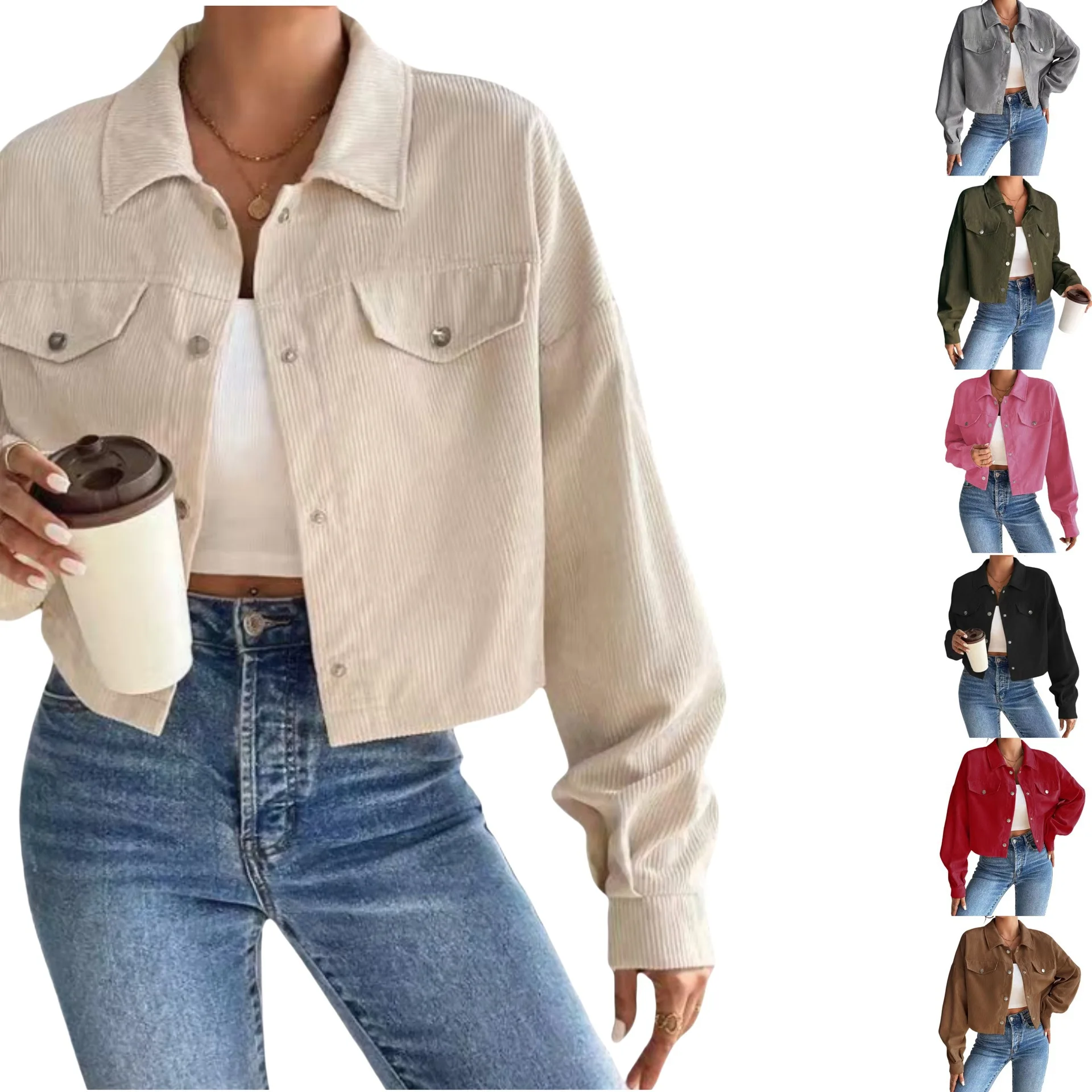 Fall/winter Women's Elegant Form-Fitting Short Sleeve Zippered Polo-Neck Denim Jacket