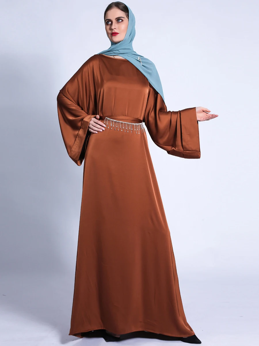 

Solid Dubai Abaya Diamonds Fringe Belted Muslim Woman Dress Loose Long Wide Sleeves Islamic Clothing Turkey Ramadan (No Scarf)