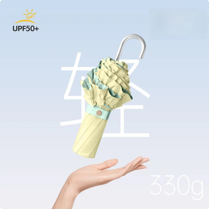 Bent Handle Lace Trim Sun Umbrella Color Coating UPF50+ 8 Ribs UV Protection Folding Umbrella for Women Lolita Cosplay Parasol