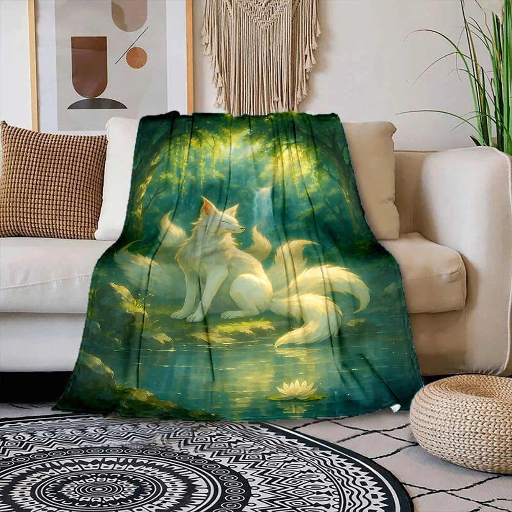 Multiple sizes White fox in forest by stream Print Blanket Warm Soft Suitable for All Seasons for Home Travel Camping Picnics RV
