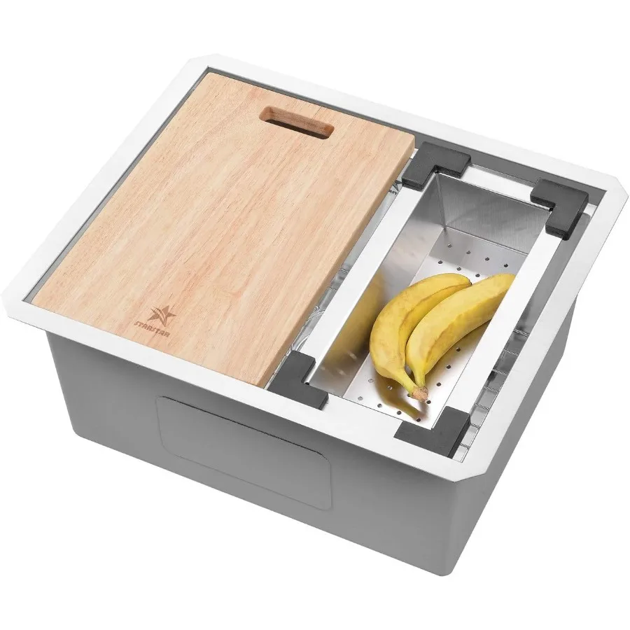 

Workstation Ledge Undermount Single Bowl 304 Stainless Steel Kitchen Sink with Integrated Grid Colander and Cutting Board for E
