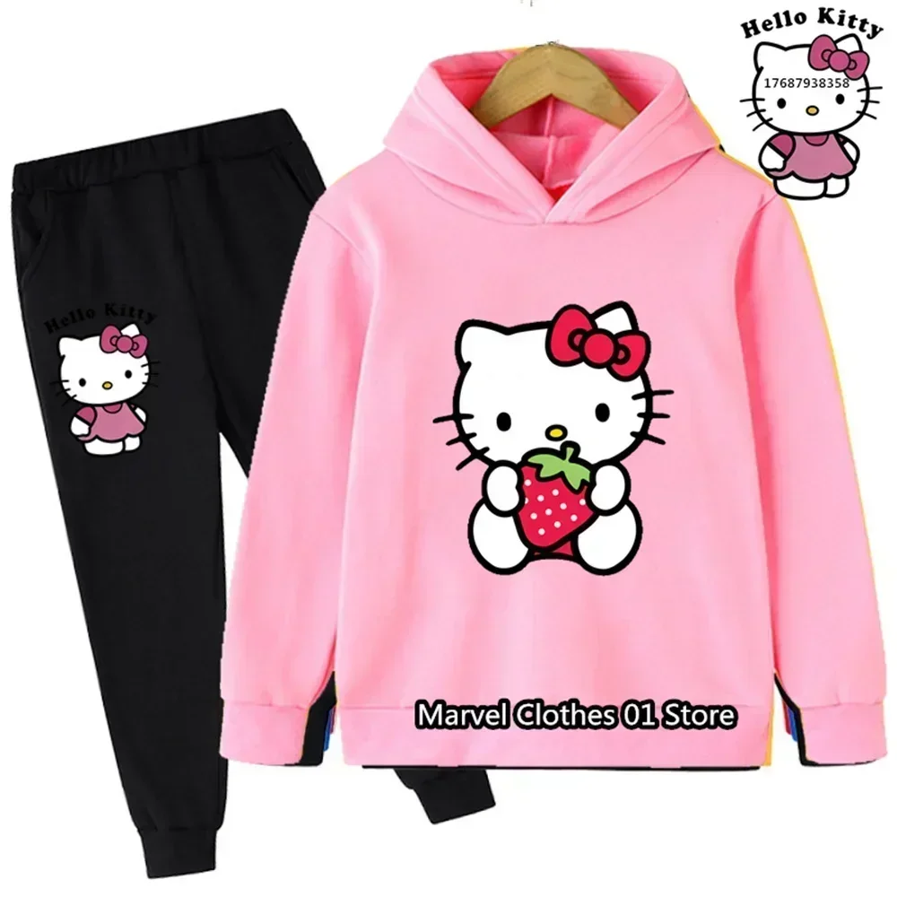 New Baby Girl Clothes Girls Outfit Set Hello Kitty Hoodies Sets 3-14 Years Girls Clothing Tops Pants Suits Sports Suits Hoodies