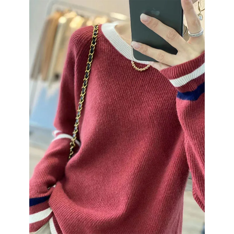 Wool New Sweater Knitted Soft Top Women Contrast Color Keep Warm Jumper Loose and Casual Knit Pullover Youthful Woman Clothes