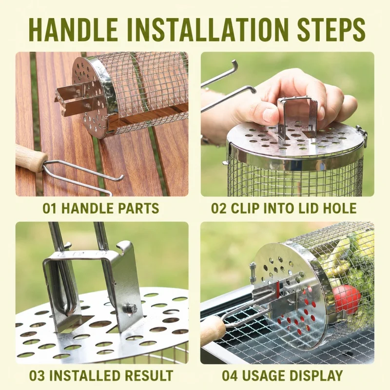 Rundes Grillkorb-Set aus Edelstahl, rollbarer Stahlgitter-Grill mit Griff, unverzichtbar für Outdoor-Camping – Detail 9