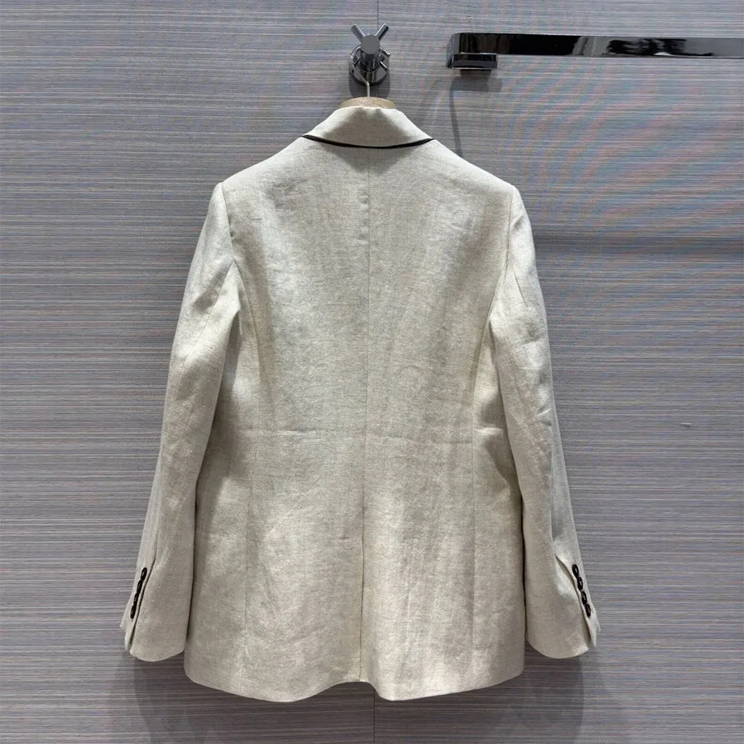 2024 New Autumn Fashion Casual Blazer Suit Women Notched Double Breasted Long Sleeve Beige Color Cotton Linen Casual Slim Jacket